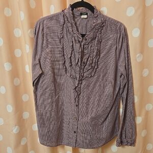 J Crew Mini Gingham Ruffle Buttondown Sz M/L